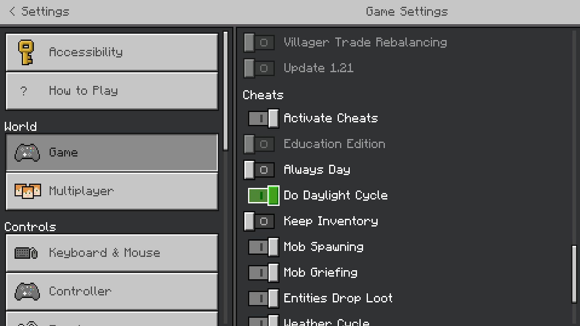 The toggle for the &quot;Do Daylight Cycle&quot; setting (Image via Mojang)