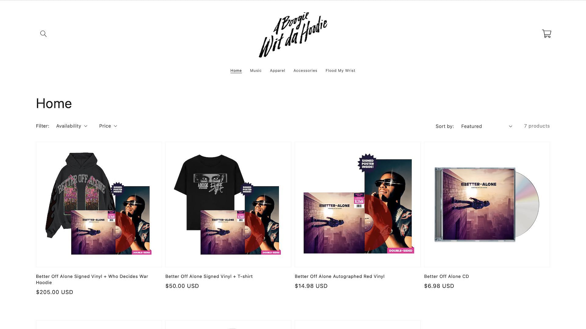 A Boogie Wit Da Hoodie&#039;s official artist store where &#039;BETTER OFF ALONE&#039; merch is currently listed (Image via store.aboogiehbtl.com)