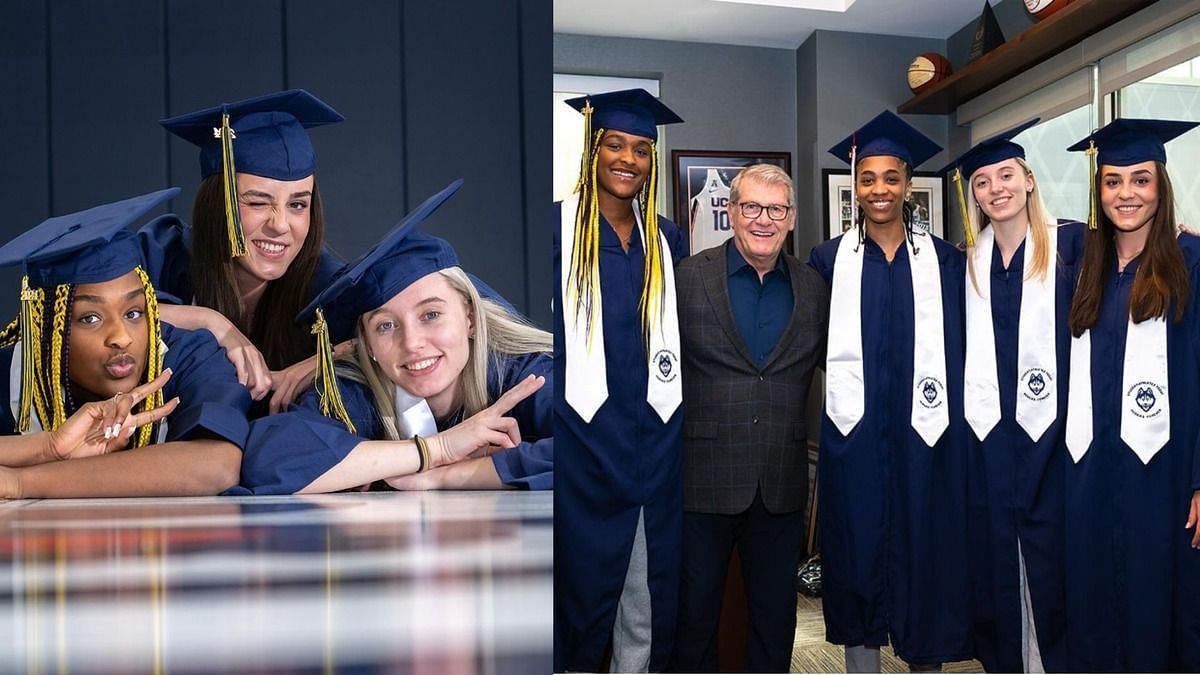 Nika M&uuml;hl, Paige Bueckers, Aaliyah Edwards, Aubrey Griffin and Azzi Fudd, coach Geno Auriemma. 