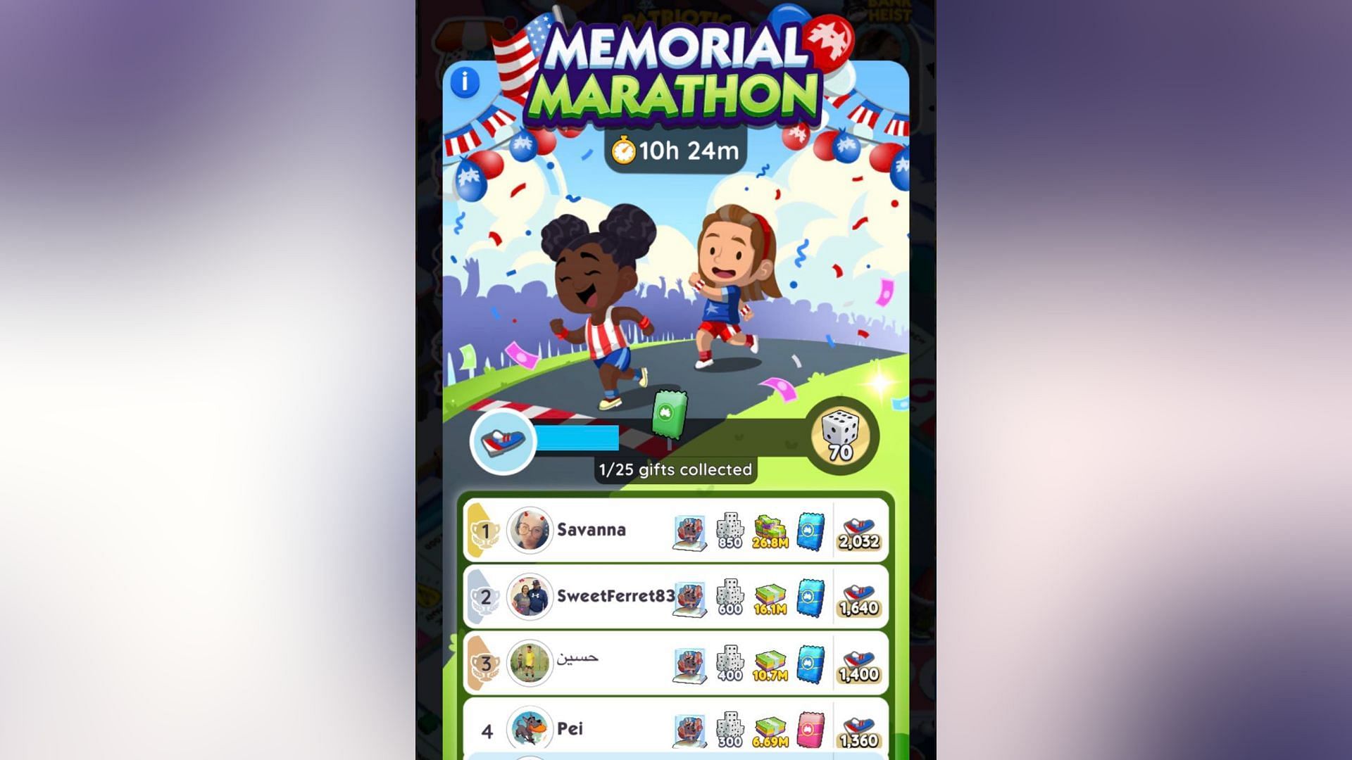 Monopoly Go Memorial Marathon leaderboard rewards (Image via Scopely)