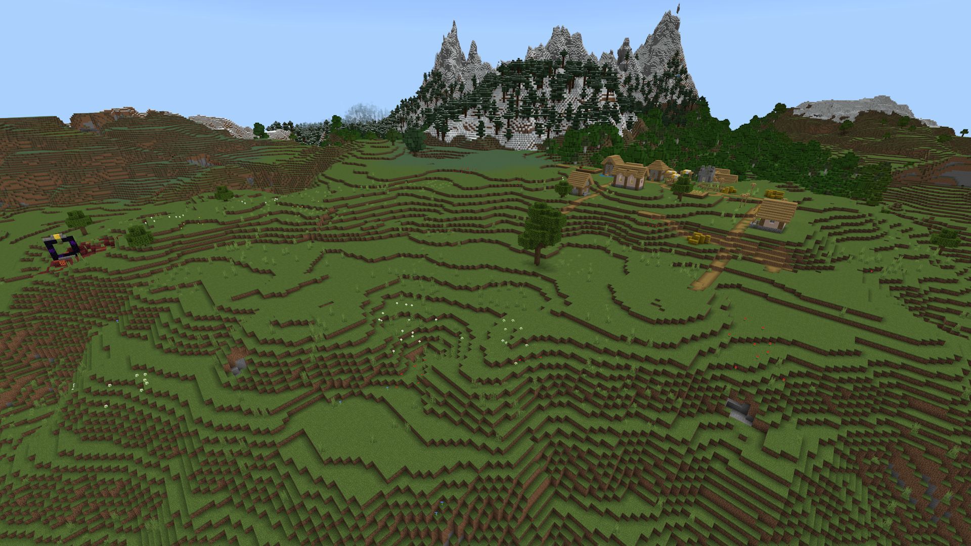 Three villages and a ruined portal, all visible from spawn (Image via Mojang)