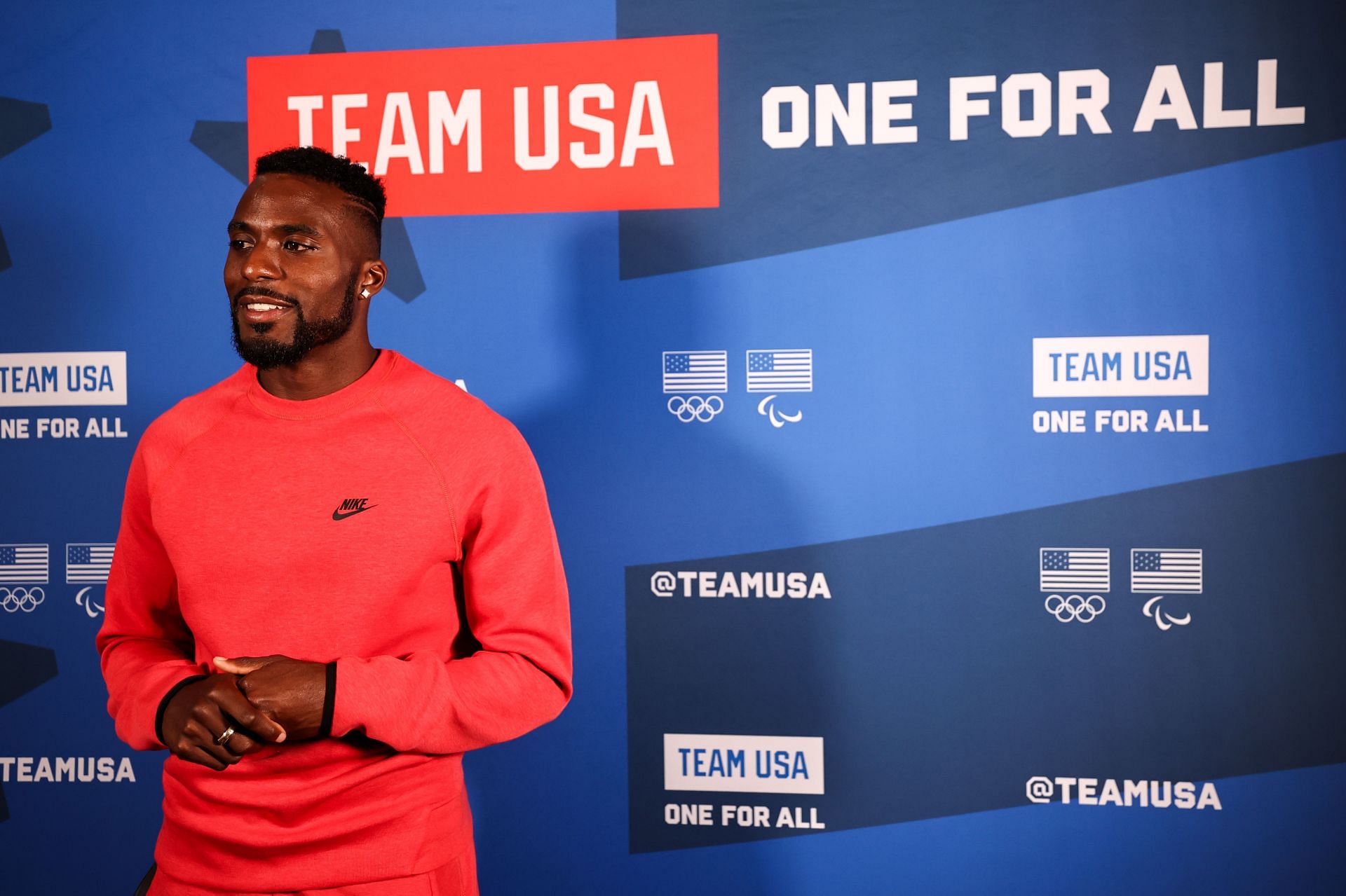 Kenny Bednarek speaks during the Team USA Media Summit at the Marriott Marquis Hotel on April 16, 2024, in New York City.
