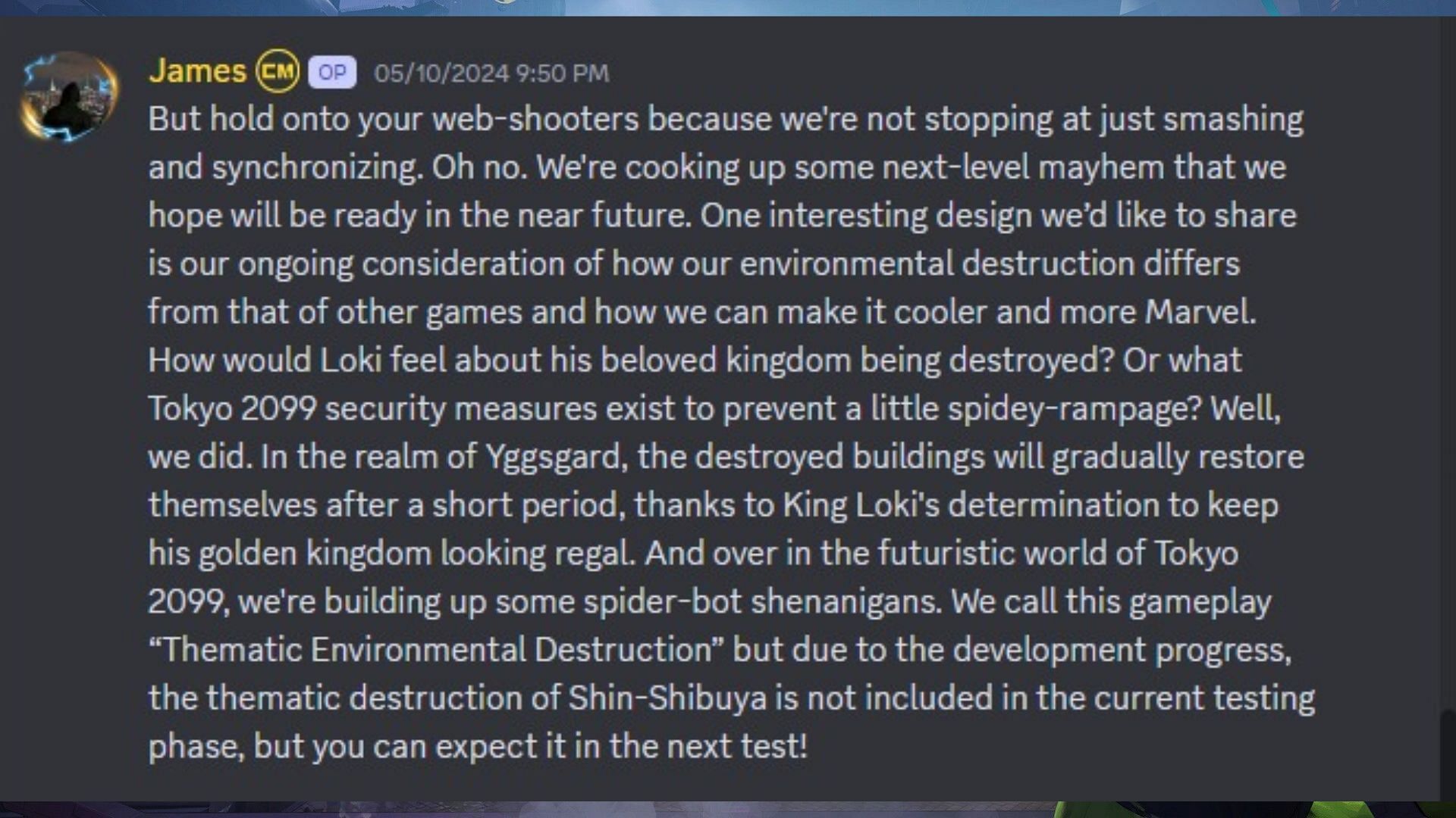 Marvel Rivals&#039; Discord message by Community Manager James (Image via Discord)