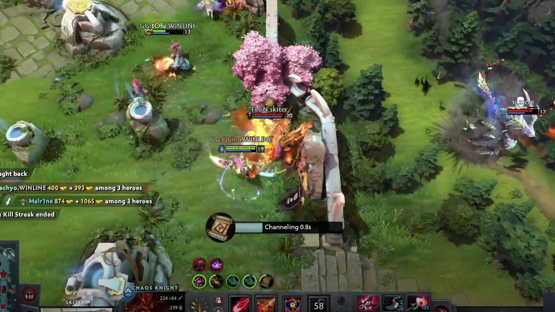 Chaos Knight survives a teamwipe and tps to safety (Image via ESL One Dota 2/YT)