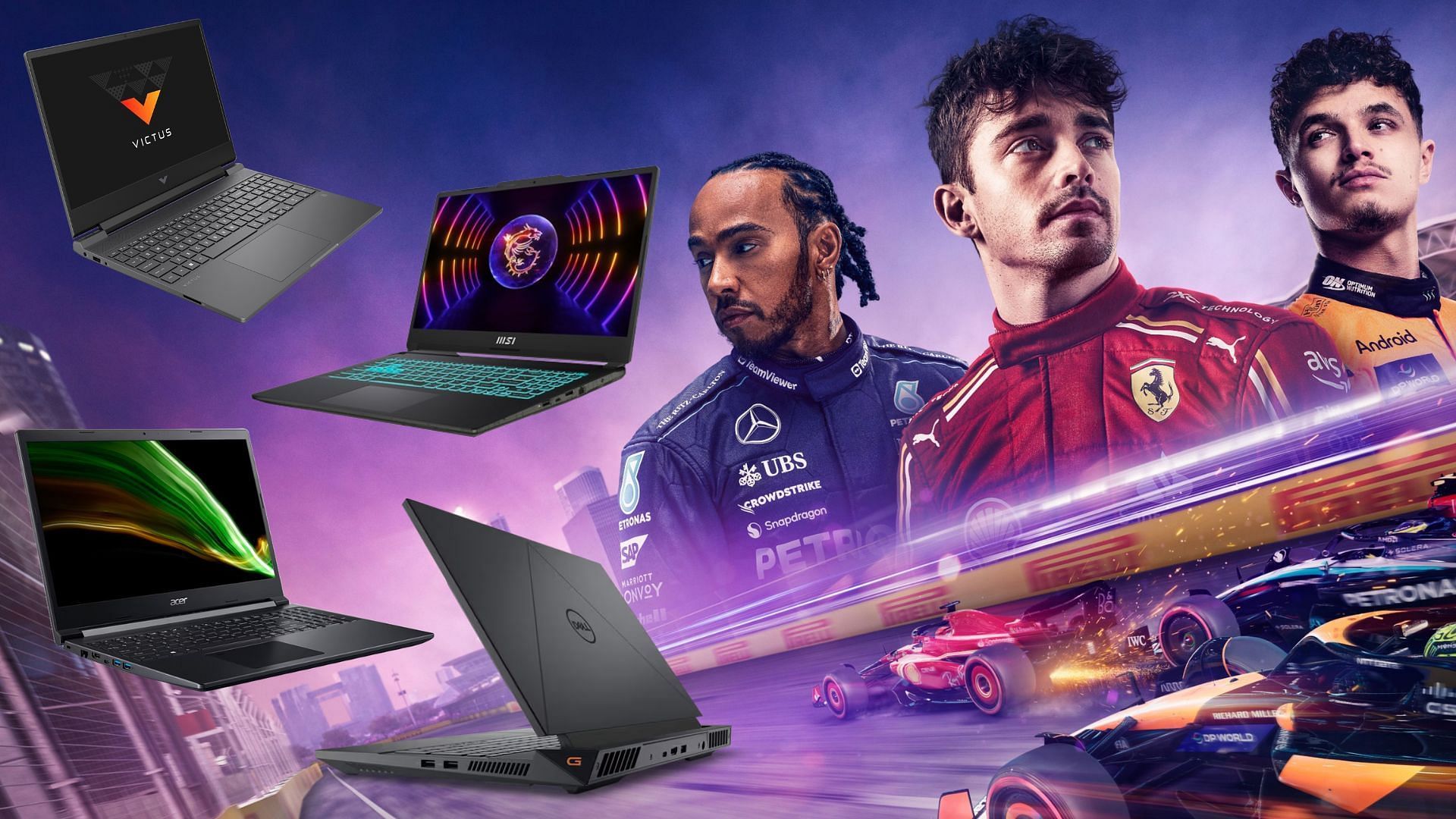 The best budget gaming laptops for F1 24 (Image via EA, Acer, HP, Dell, MSI)