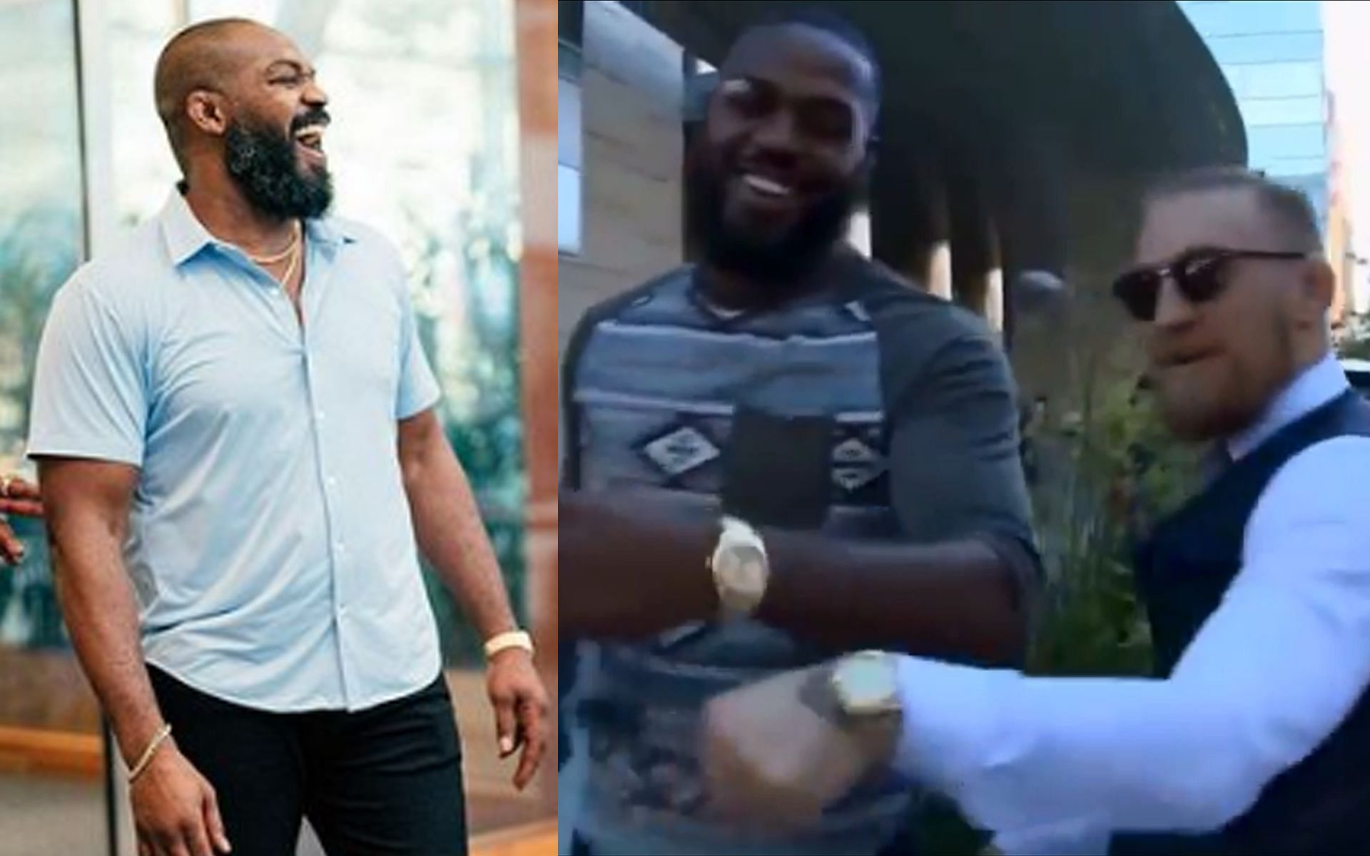 Jon Jones (left) reacted to a famous old video of him and Conor McGregor sharing a lighthearted moment (right) [Images Courtesy: @jonnybones Instagram and @BufoOnTheBeat X]