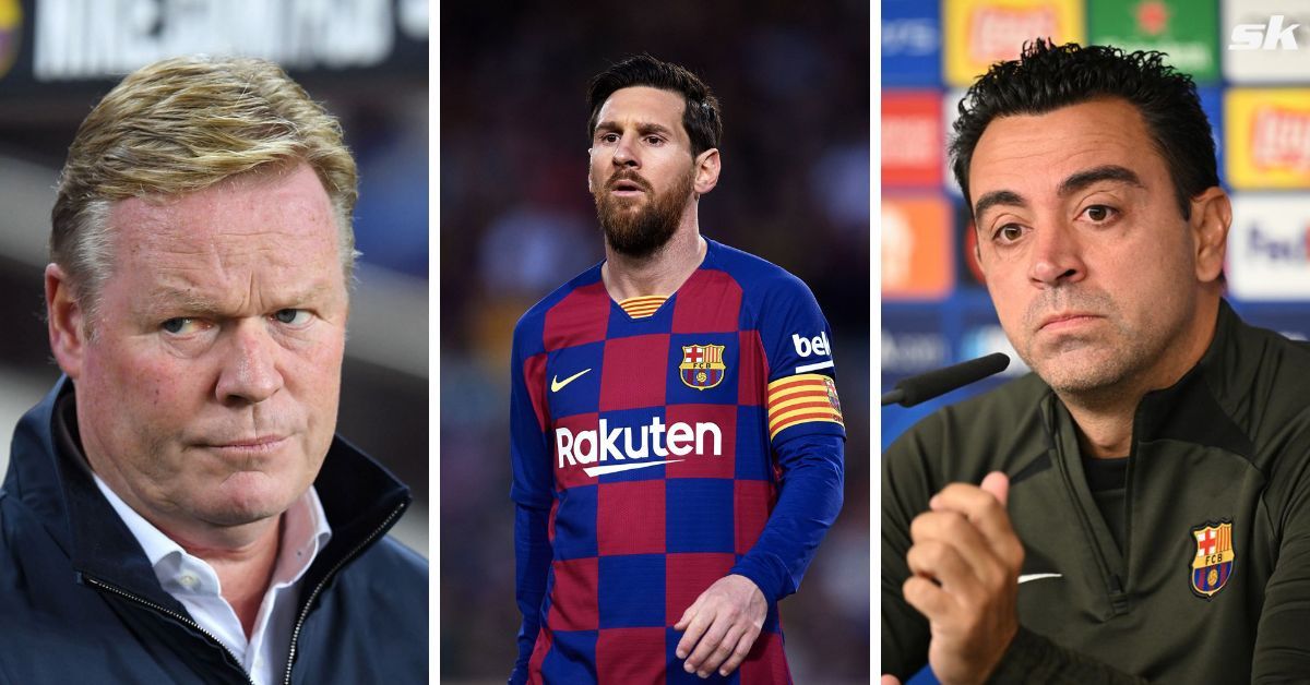 Ronald Koeman (left), Lionel Messi (centre), and Xavi Hernandez (right)