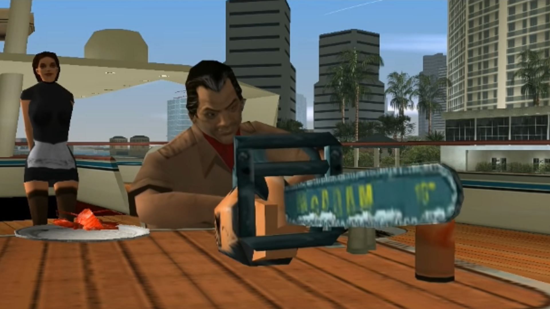 Colonel Cortez offers Tommy a chainsaw (Image via YouTube/GTA Series Videos)