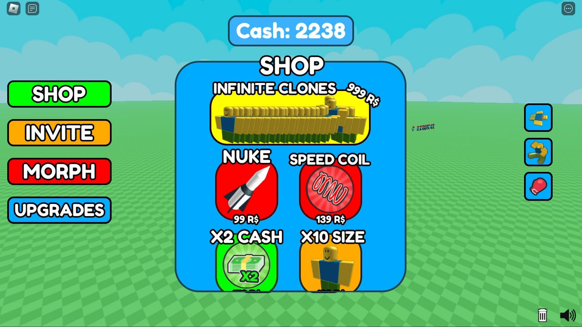 The in-game shop in Clone Playground (Image via Roblox)