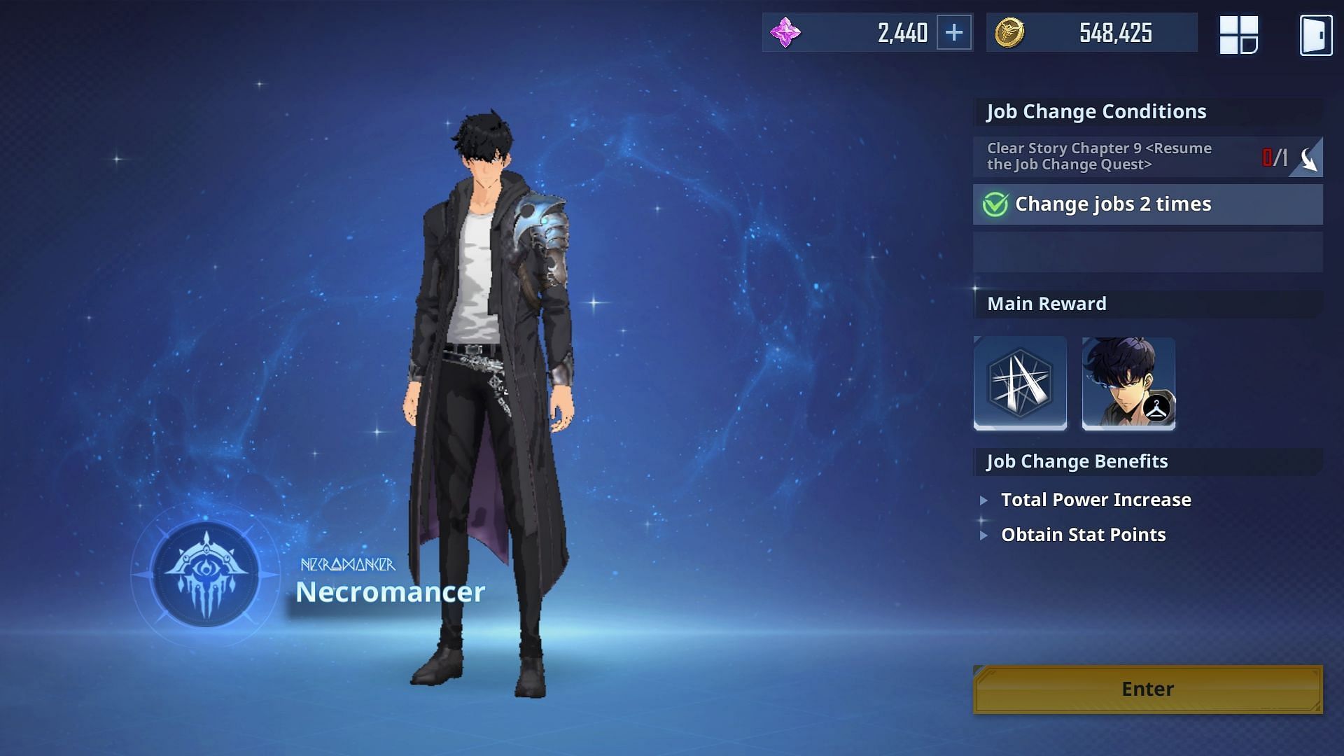 An in-game screenshot of Sung Jinwoo in Necromancer (Image via Netmarble)