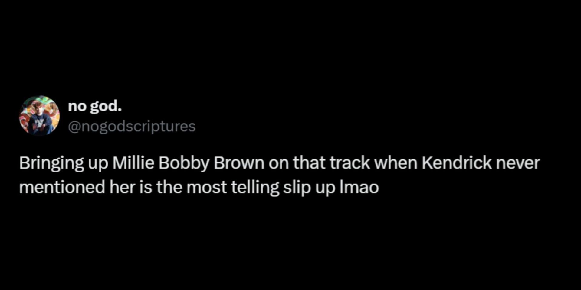 Netizens react to Drizzy&#039;s Millie Bobby Brown name-drop on &quot;The Heart Part 6&quot;. (Image via X/@nogodscriptures)