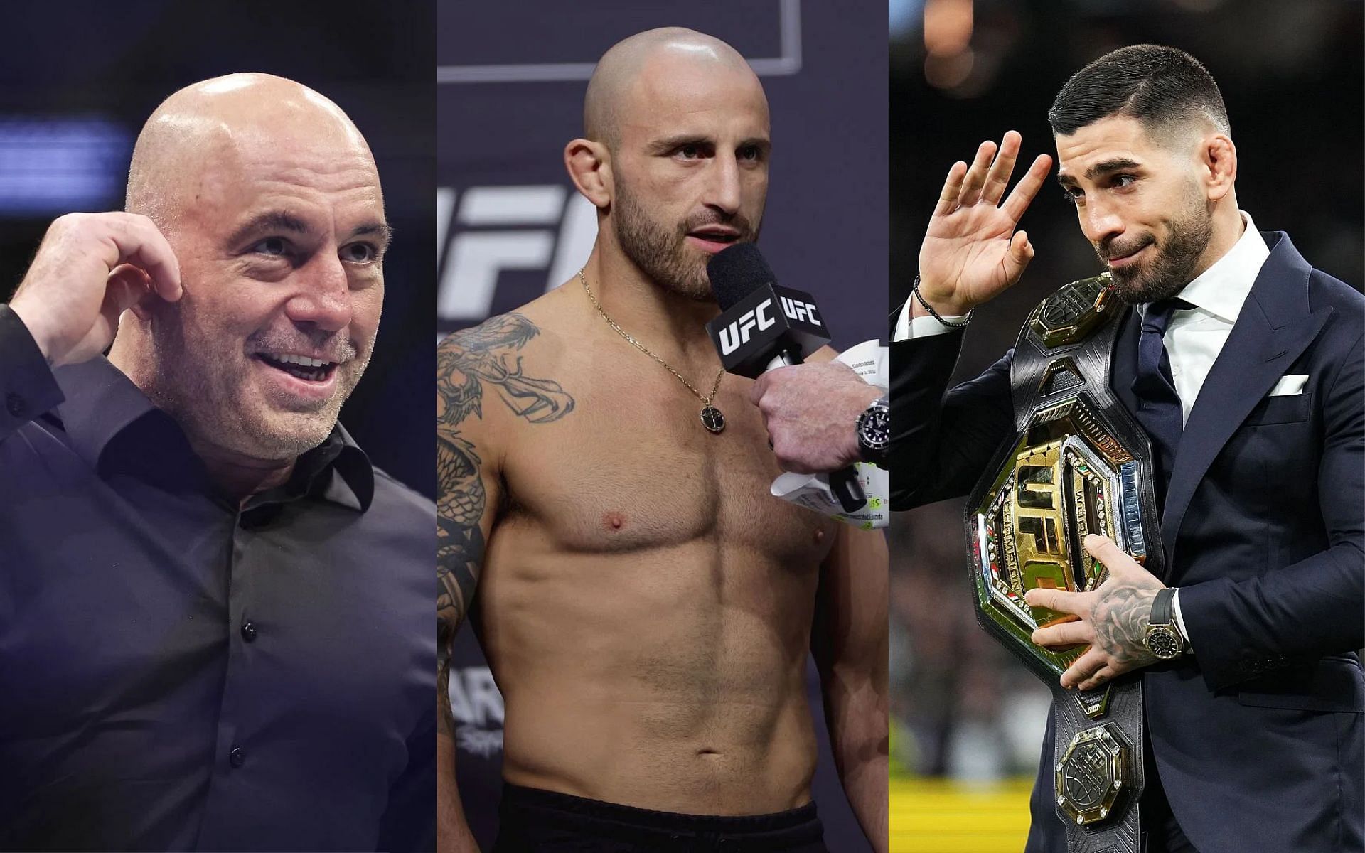 Alexander Volkanovski (middle) discusses Joe Rogan