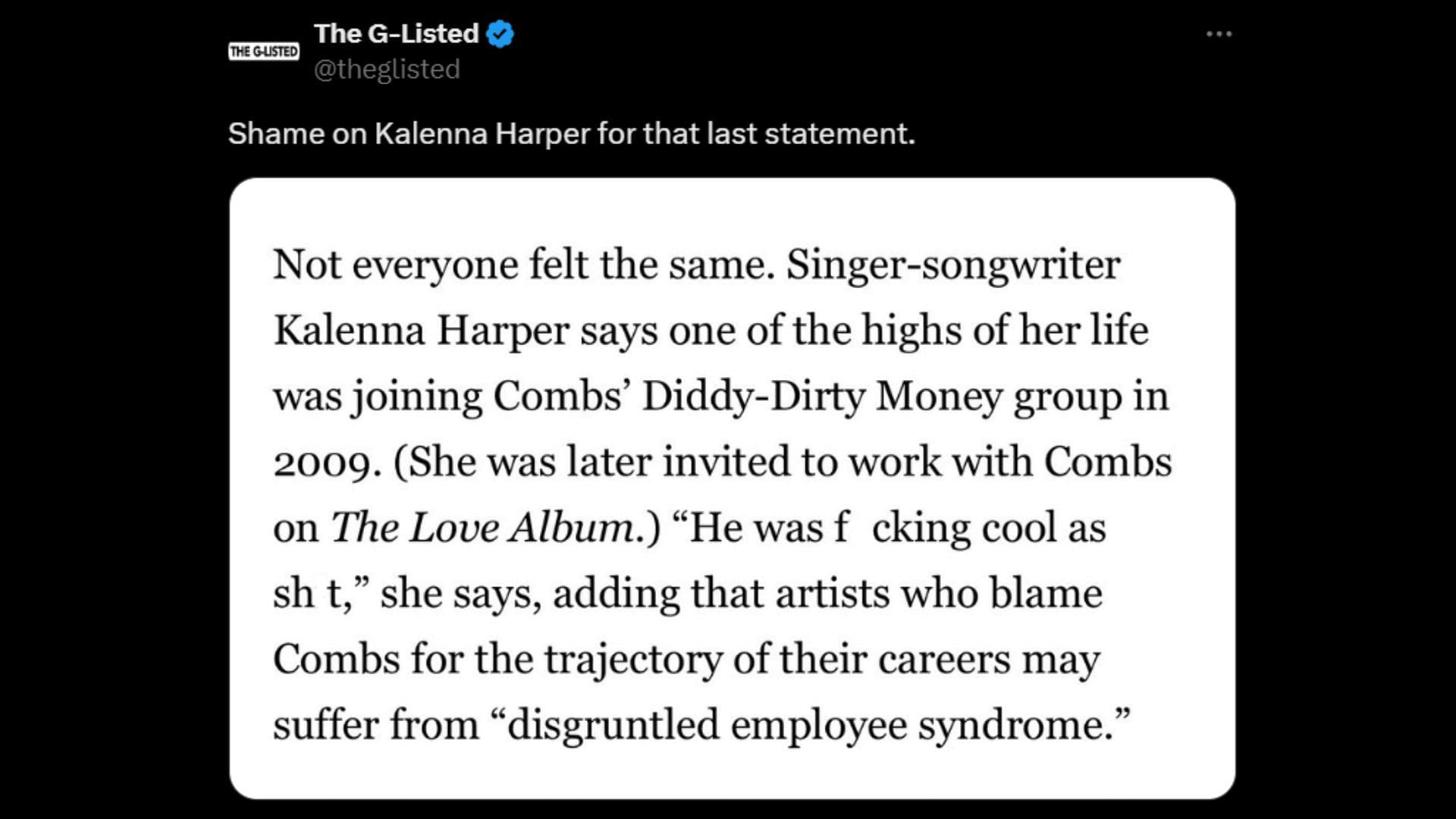 A netizen sharing Kalenna Harper&#039;s excerpt from the Rolling Stone expose. (Image via X/theglisted)