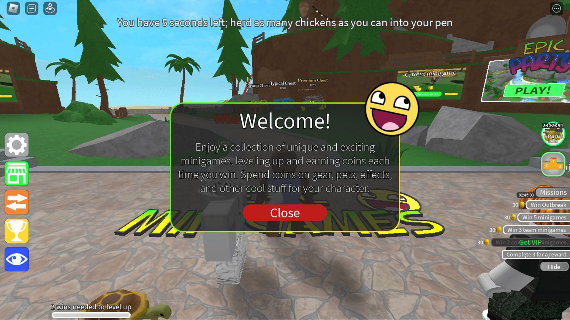 The welcome screen in Epic Minigames (Image via Roblox)