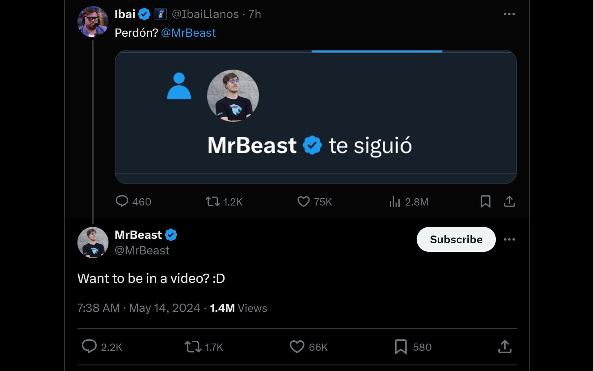 Twitch star Ibai and MrBeast&#039;s interaction on X, dated May 14, 2024 (Image via X)