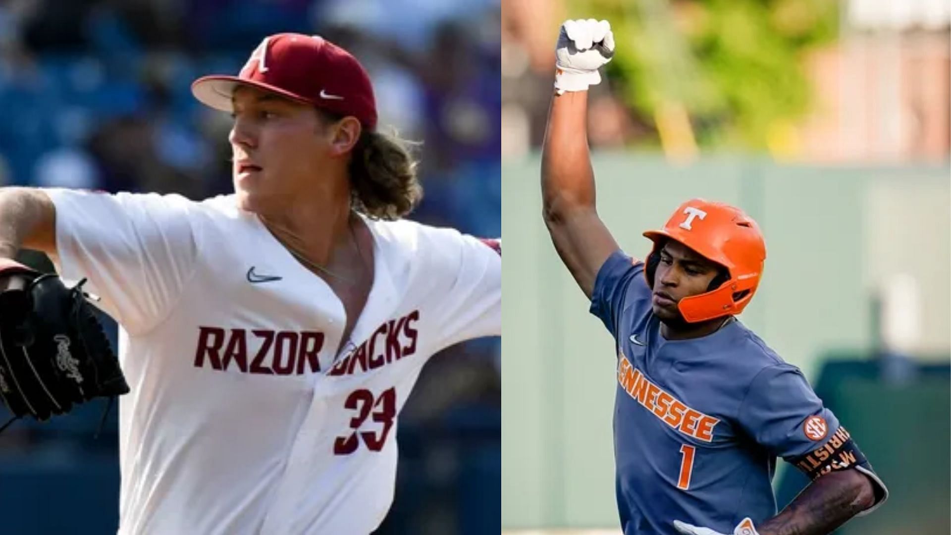 From left to right: Arkansas pitcher Hagen Smith and Tennessee player Christian Moore