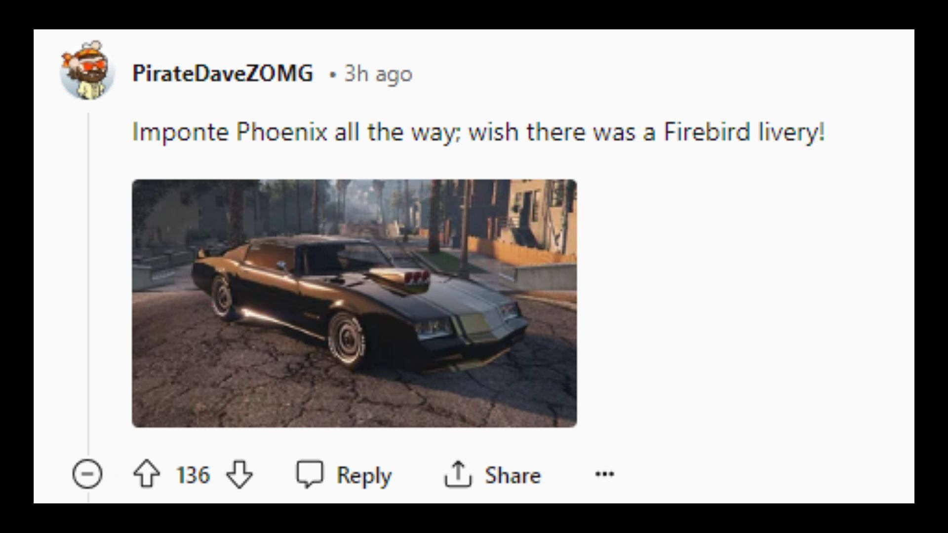 Imponte Phoenix is one of the rarest GTA Online cars (Image via Reddit: u/PirateDaveZOMG)