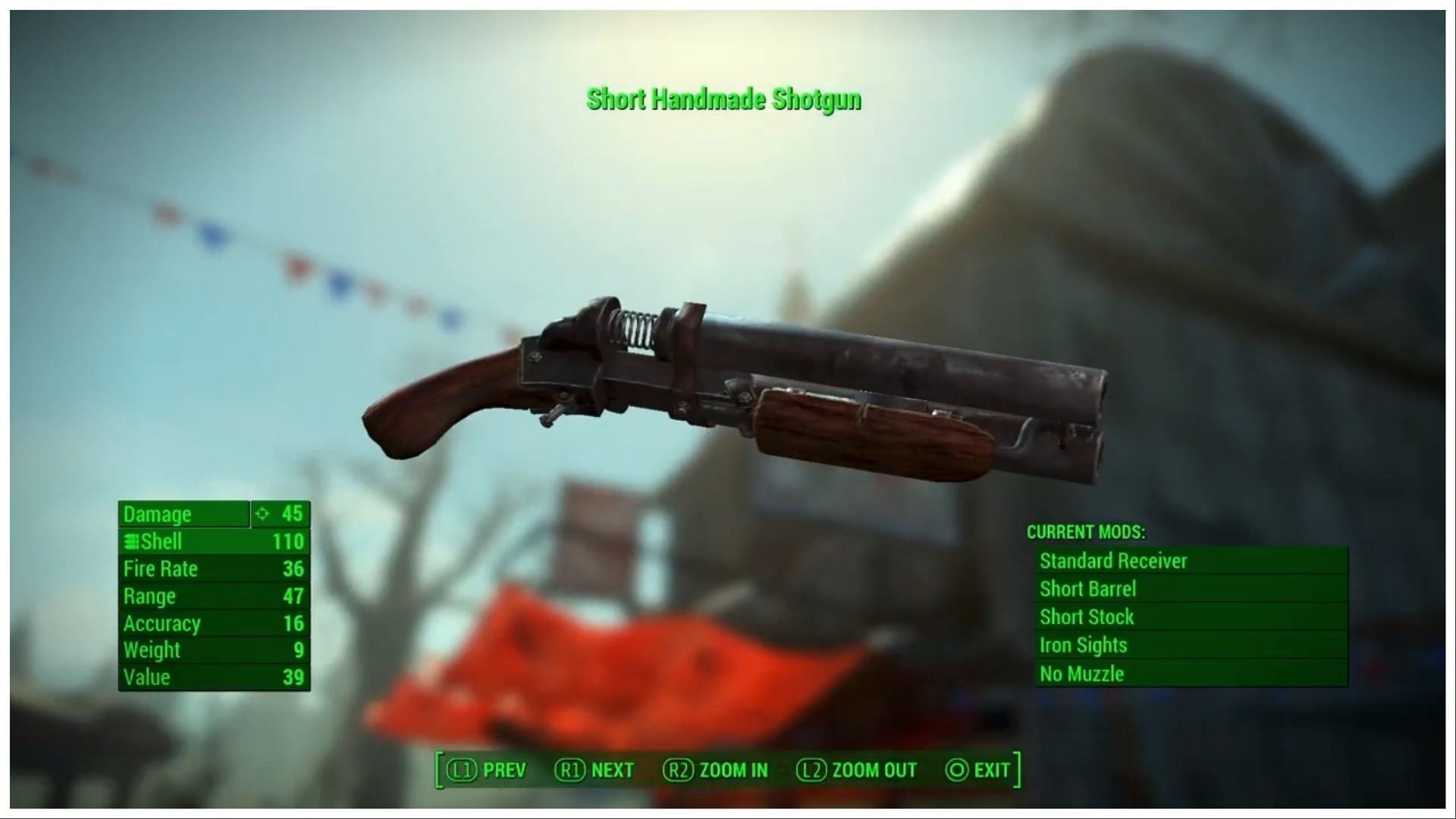 Short Handmade Shotgun in Fallout 4 (Image via Bethesda Softworks || HotRodFiend/YouTube)