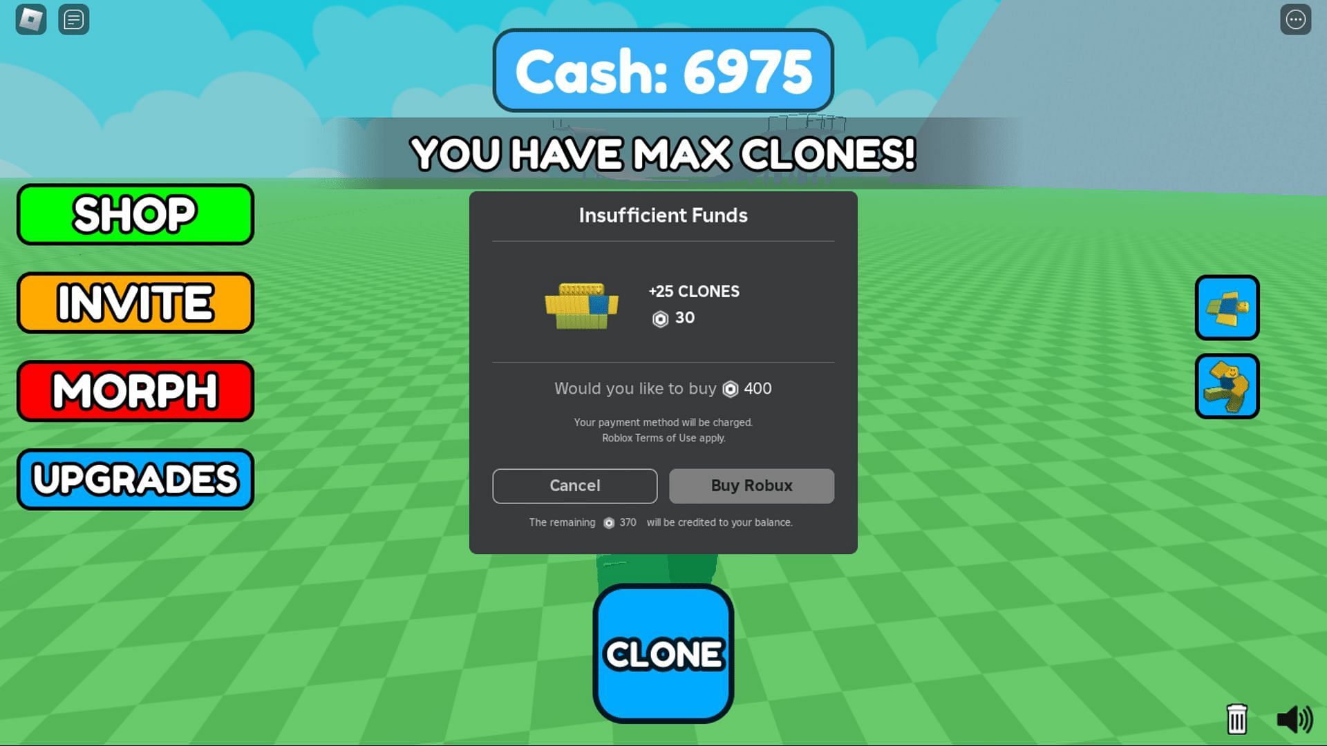 The paid More Clones feature in Clone Playground (Image via Roblox)