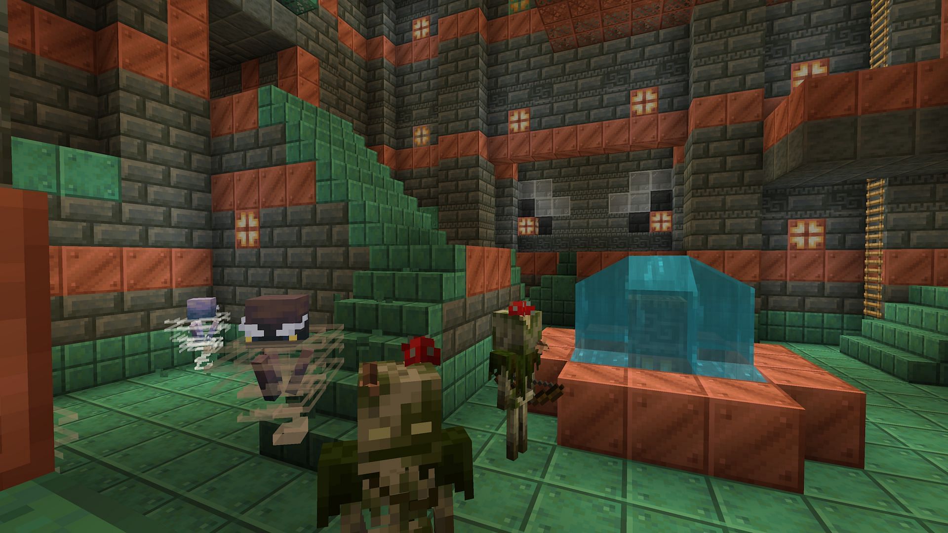 Breeze and bogged in the main room of a trial chamber (Image via Mojang)