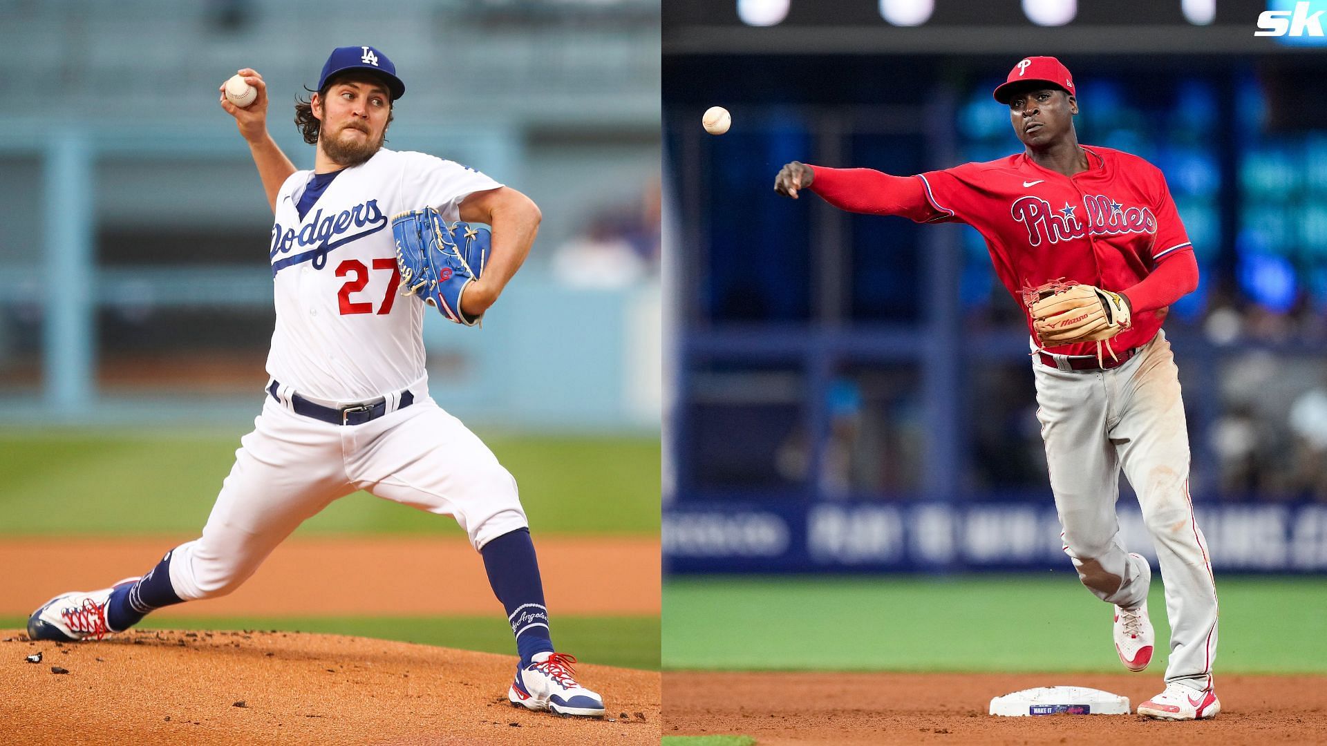 Trevor Bauer of the Los Angeles Dodgers throws the first pitch against the San Francisco Giants at Dodger Stadium in 2021