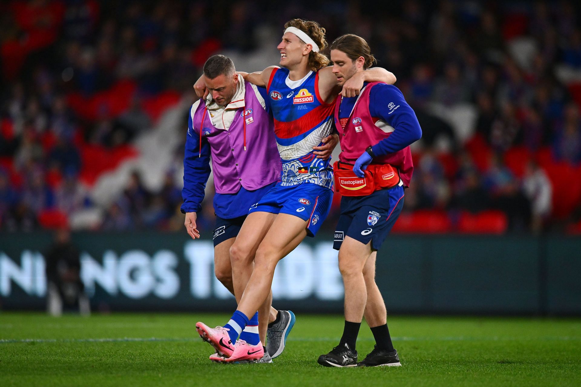 AFL Rd 11 - Western Bulldogs v Sydney. Aaron Naughton being walked off the field