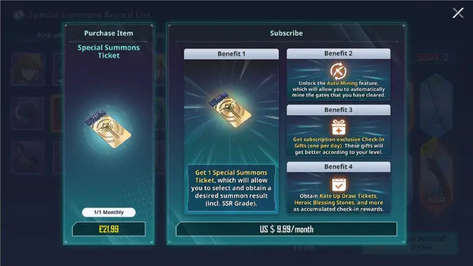 The cost of the Special Summon ticket and the Premium Subscription (Image via Netmarble)