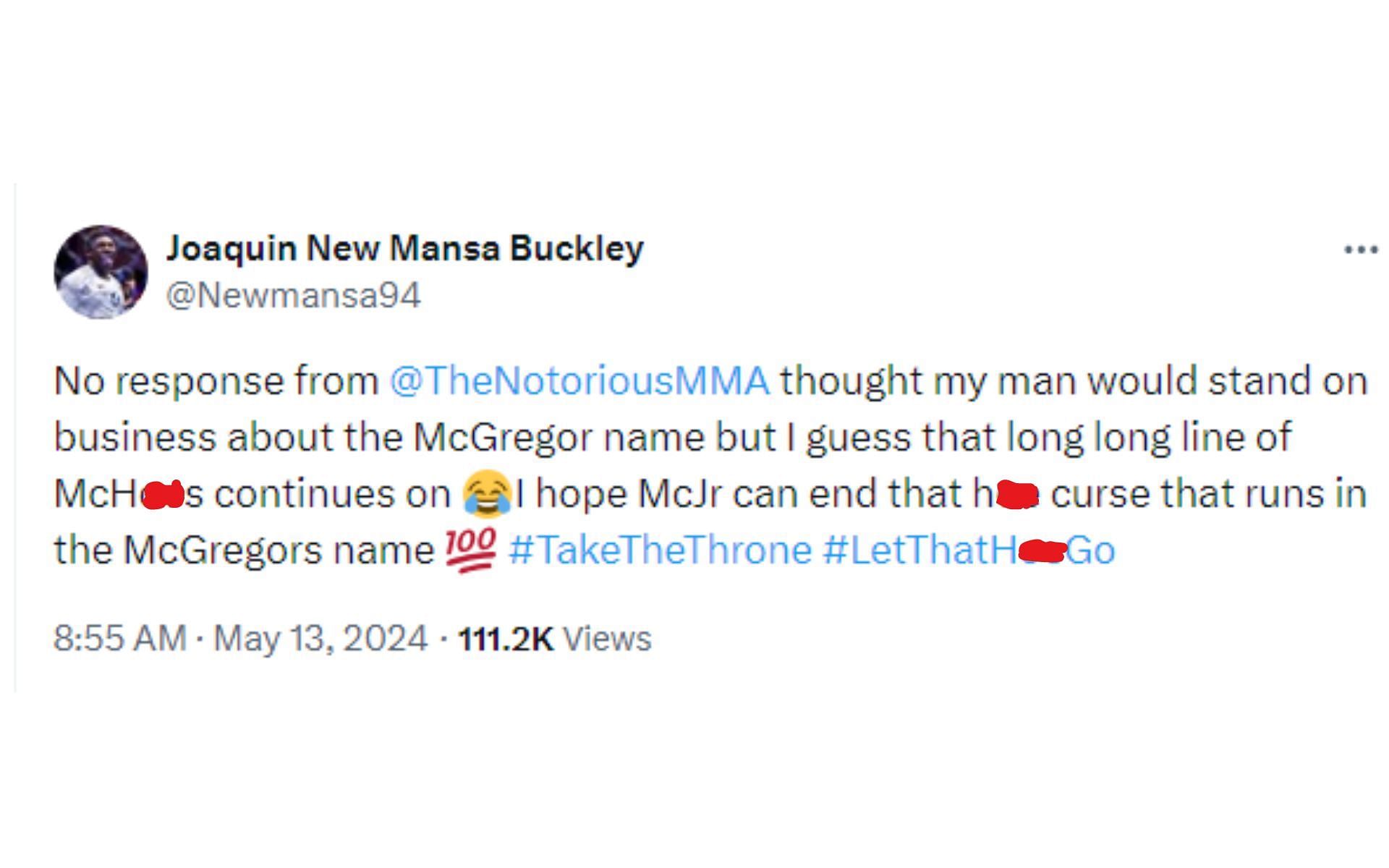 Buckley&#039;s tweet regarding McGregor [Image courtesy: @Newmansa94 - X]