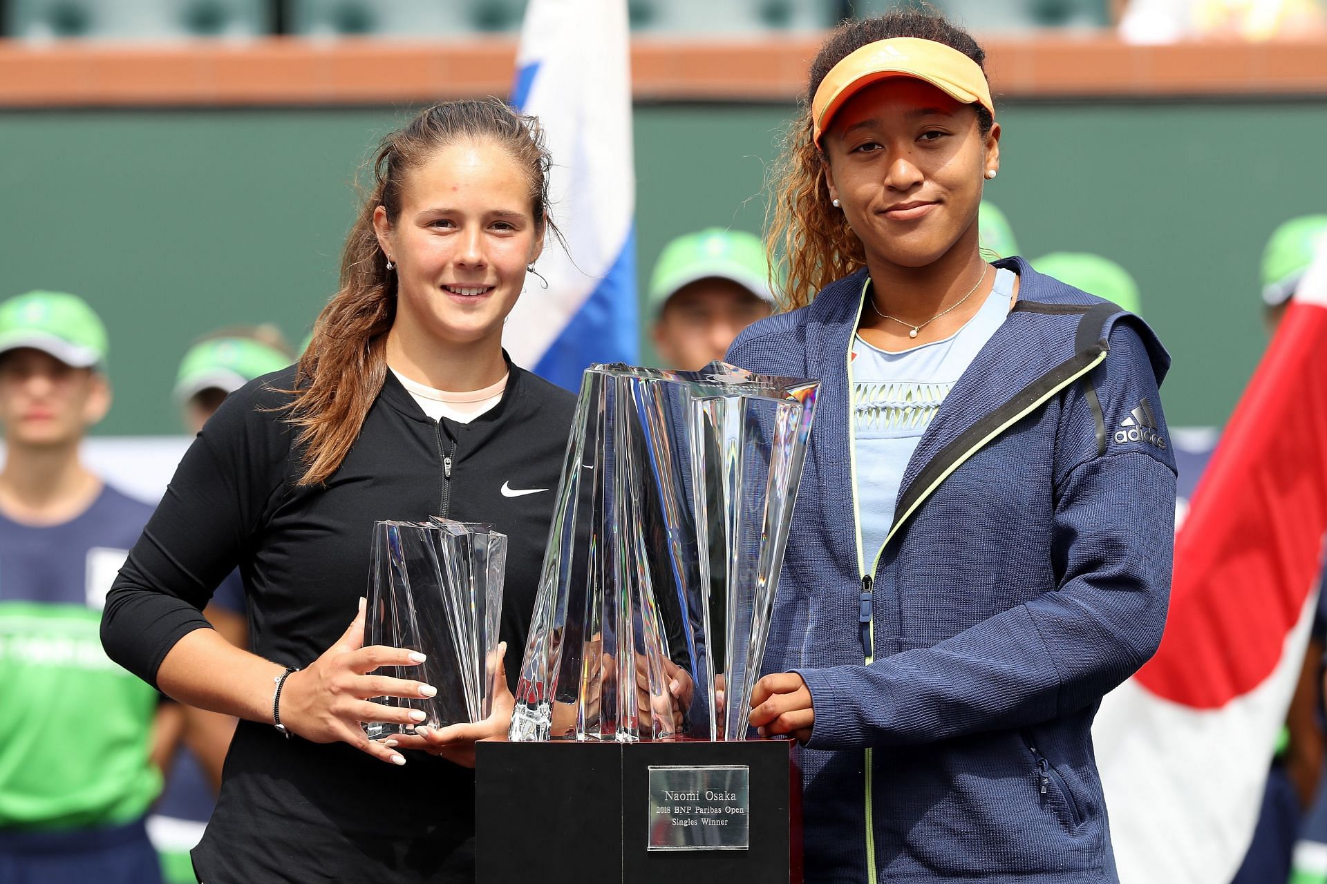 Daria Kasatkina (L) and Naomi Osaka (R) after the women&#039;s singles final at the 2018 BNP Paribas Open in Indian Wells