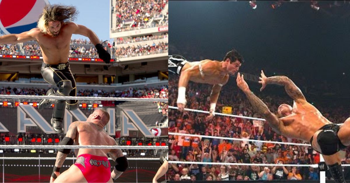 Randy Orton RKO-ing Seth Rollins (left) and Matt Sydal (right) [Images from WWE website and YouTube]