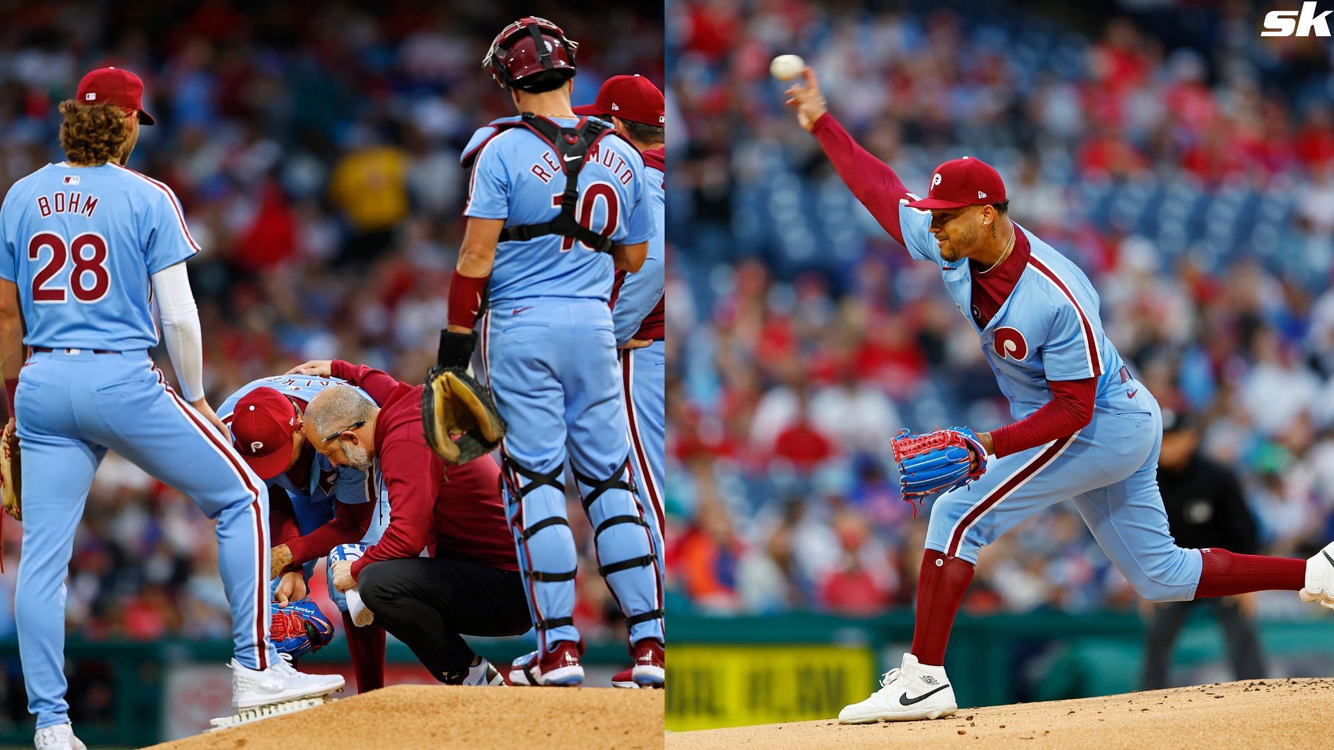 Pitcher Taijuan Walker of the Philadelphia Phillies is looked after by a member of the medical staff after being hit by a line drive against the New York Mets at Citizens Bank Park