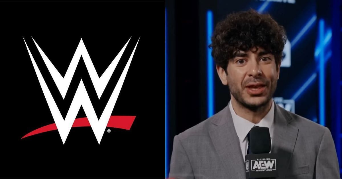 Screenshots of WWE logo and Tony Khan [from WWE Facebook and AEW YouTube handles]