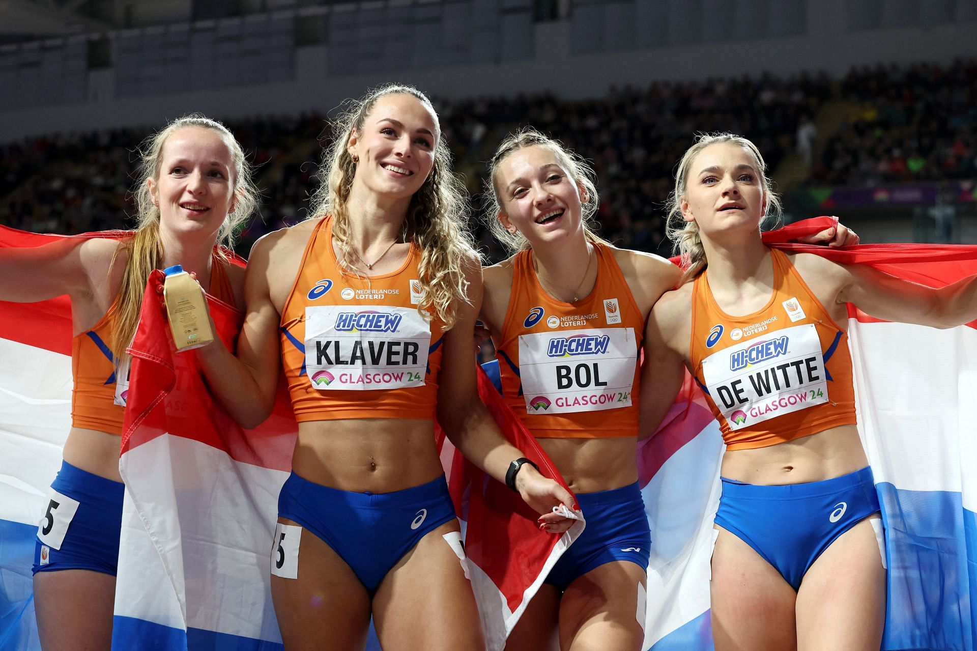 Dutch team, including Femke Bol, pose for a photo after winning the Women&#039;s 4x400 Metres Relay Final at the 2024 World Athletics Indoor Championships in Glasgow, Scotland.