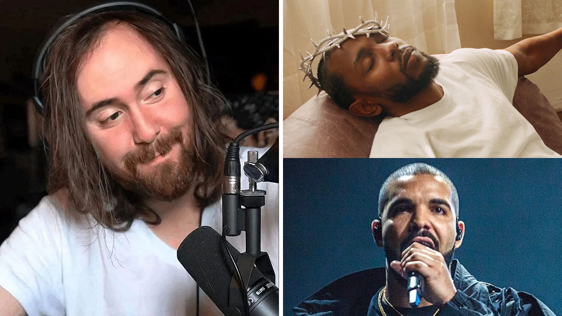 Asmongold gives his take on Kendrick Lamar vs Drake feud (Image via zackrawrr/Twitch, Kendrick Lamar/X, The Come Up Show/ Wikimedia Commons)