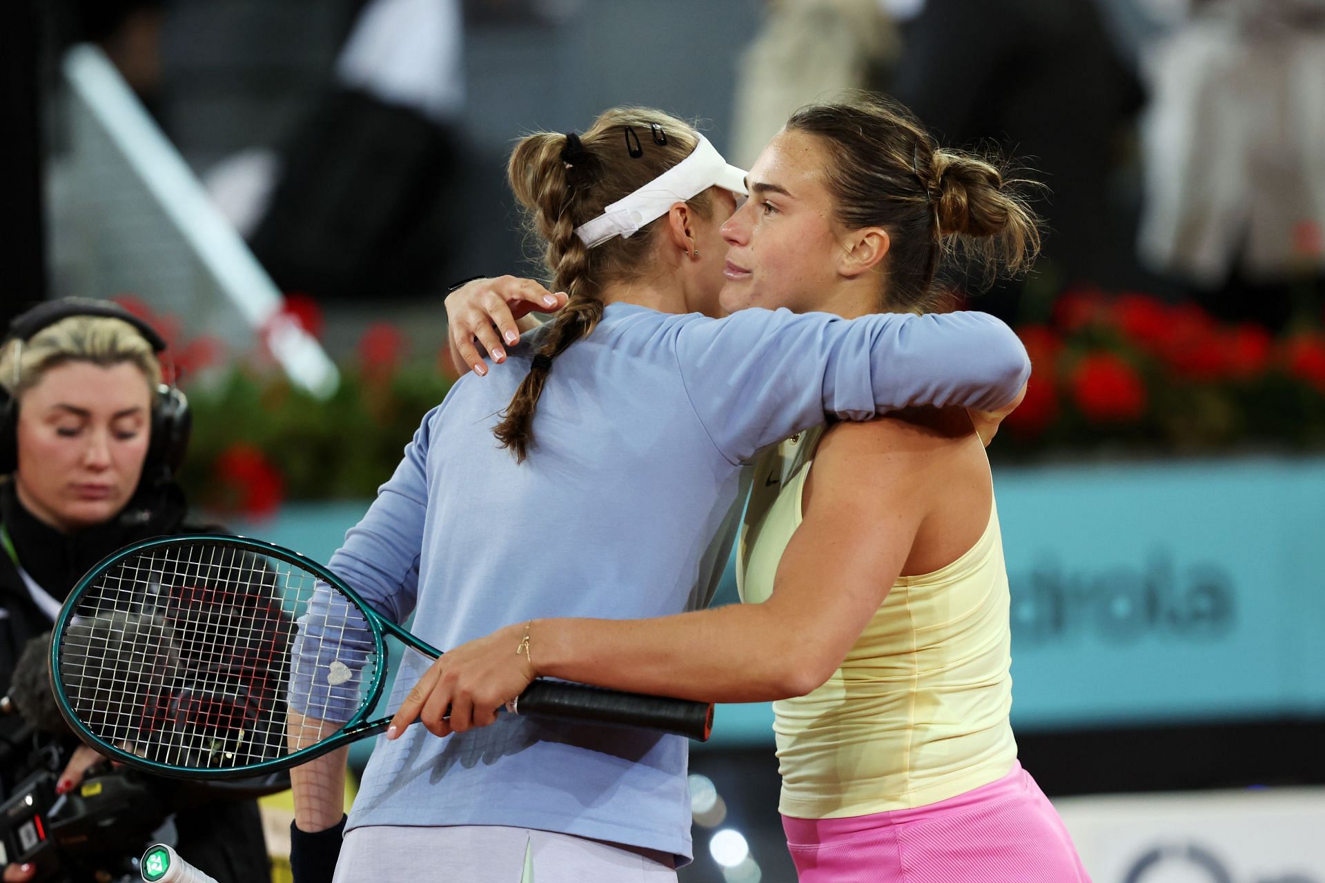 Elena Rybakina and Aryna Sabalenka share an embrace after their Madrid Open semifinals