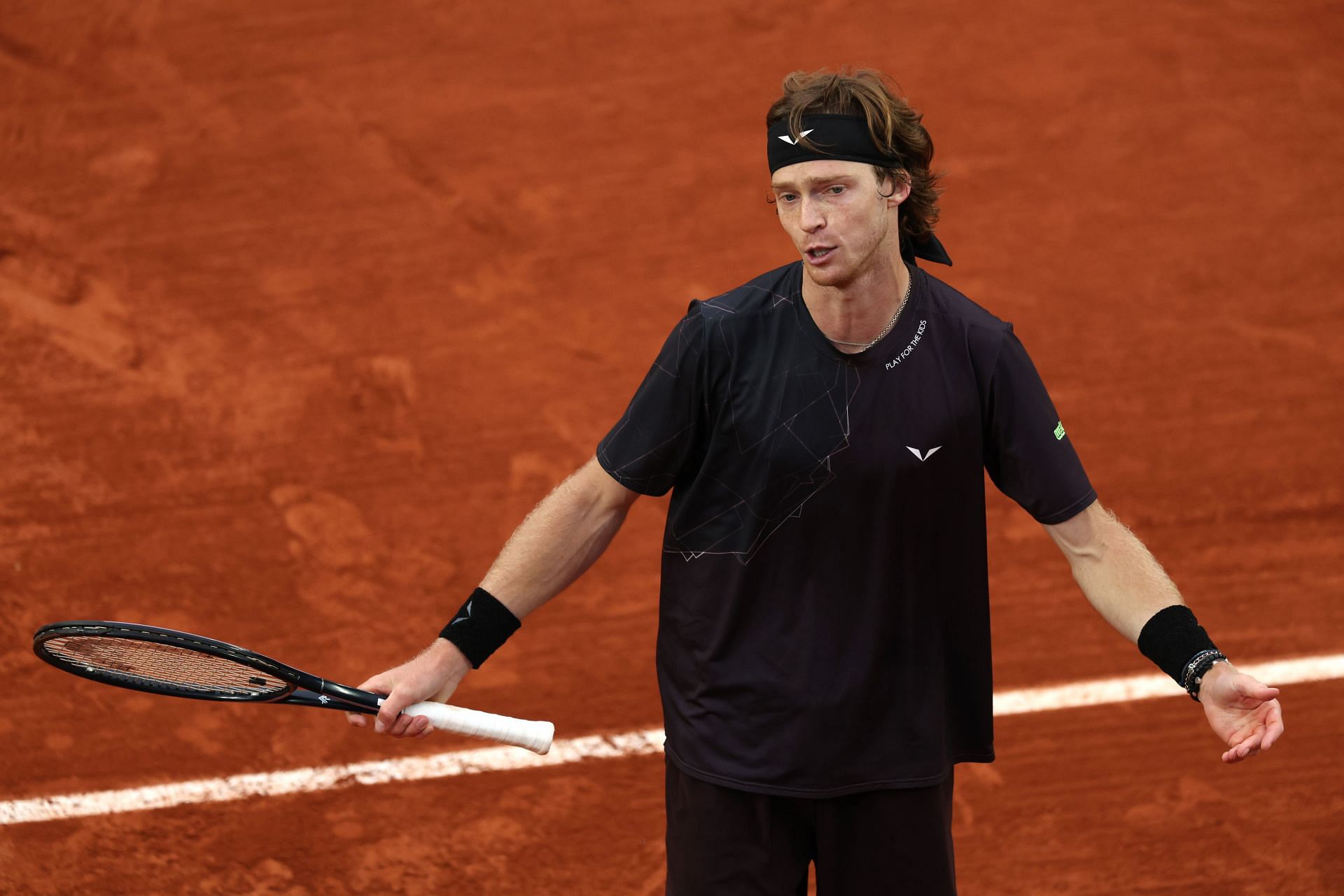 Andrey Rublev during his 2024 French Open third-round encounter against Matteo Arnaldi