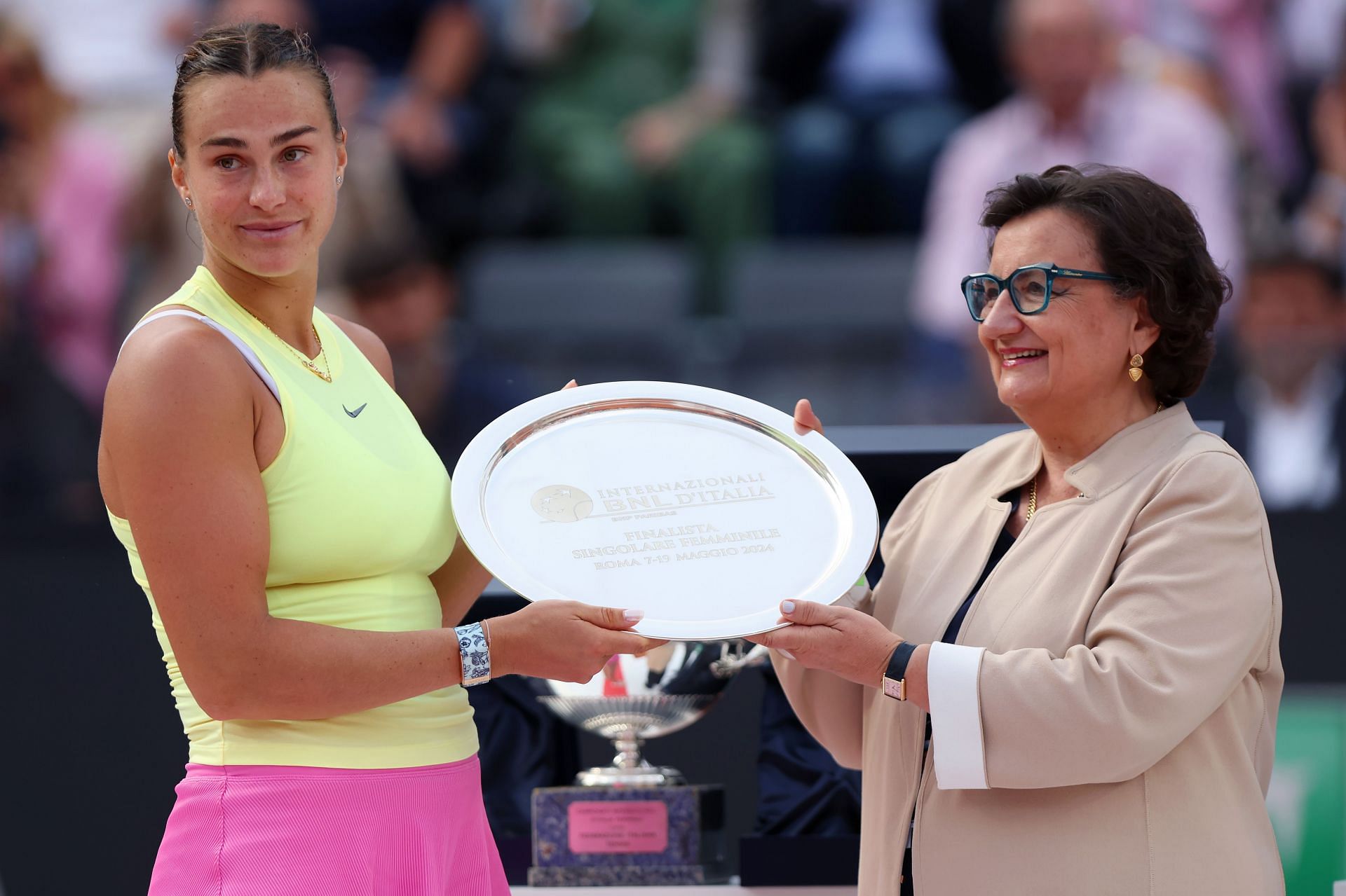 Aryna Sabalenka (L) pictured at the Italian Open 2024