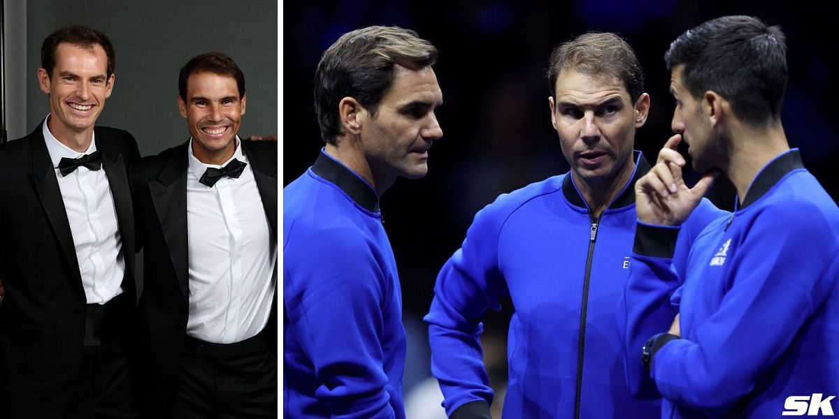 Rafael Nadal and Andy Murry (L), Roger Federer, Rafael Nadal and Novak Djokovic (R)