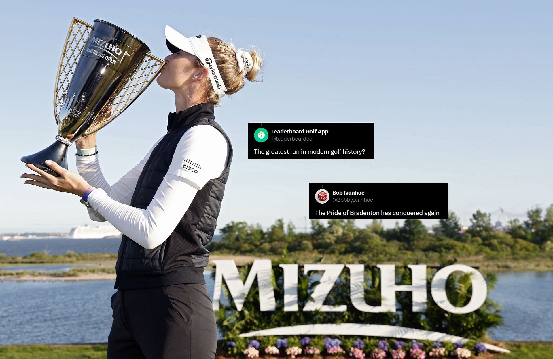 Nelly Korda kisses the trophy after winning the Mizuho Americas Open