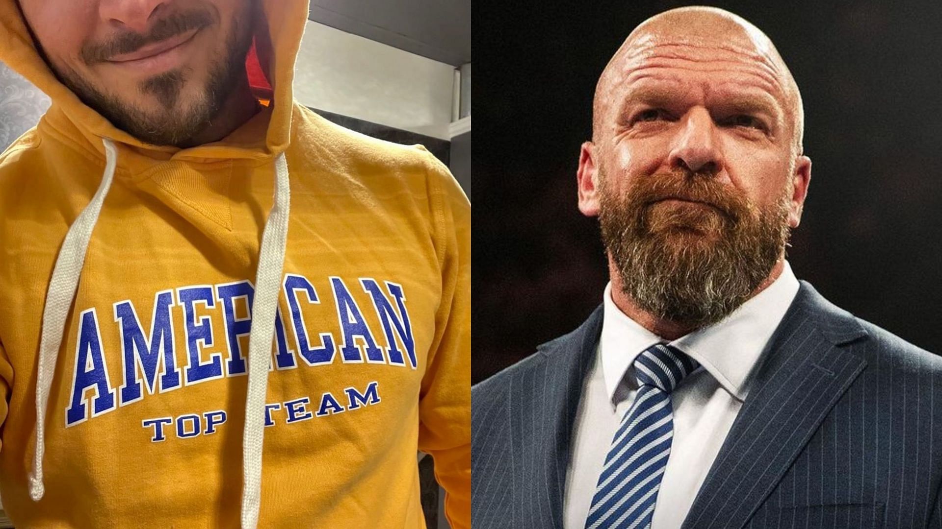 Ethan Page (left) and WWE Chief Content Officer Triple H (right)