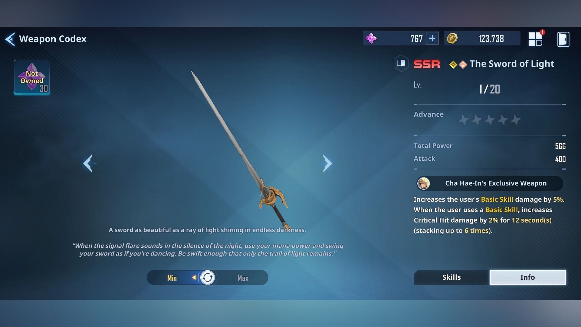 Cha Hae-In&#039;s Exclusive Weapon, The Sword of Light, in Solo Leveling Arise. (Image via Netmarble)
