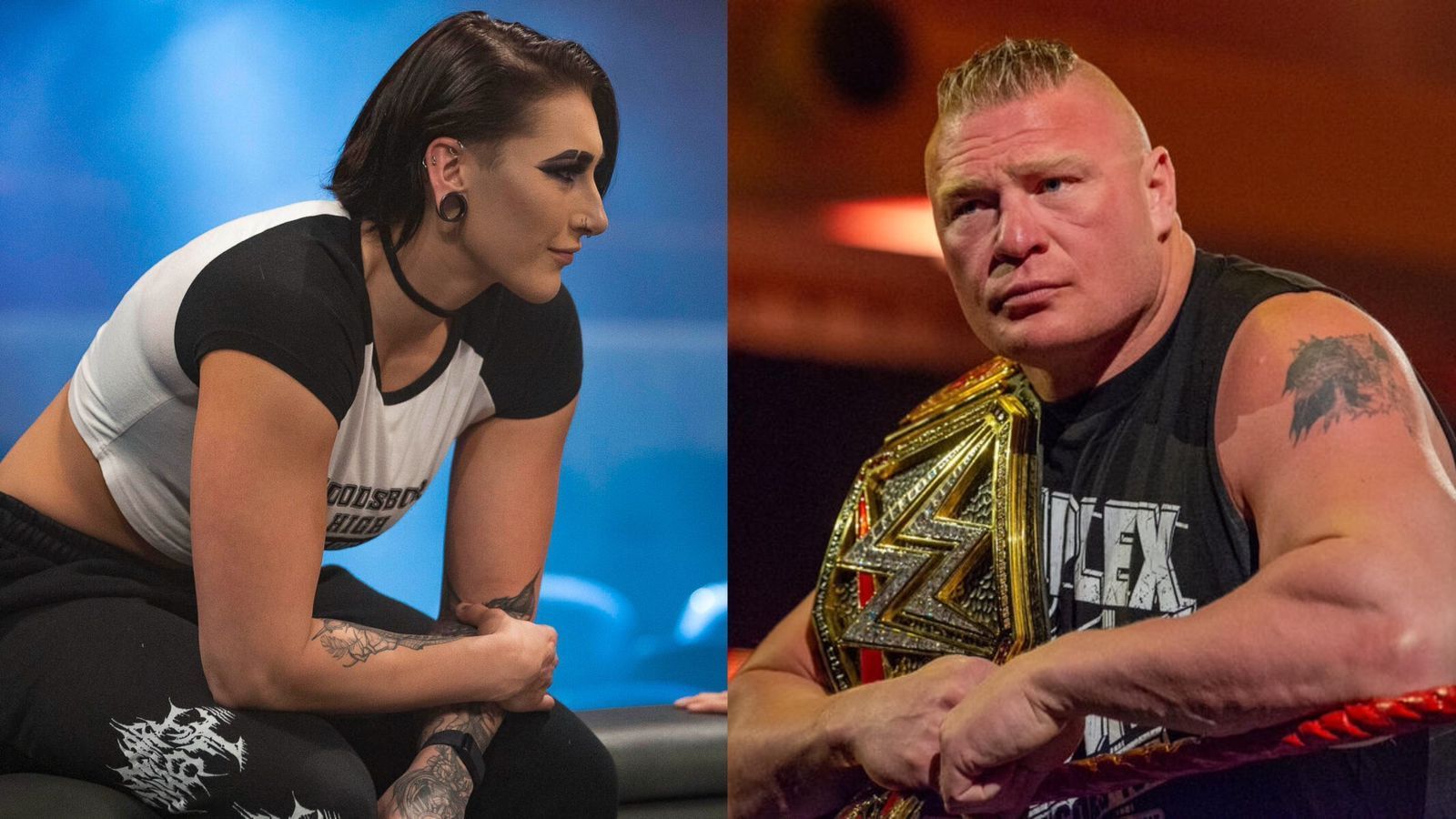 Rhea Ripley (left) and Brock Lesnar (right)