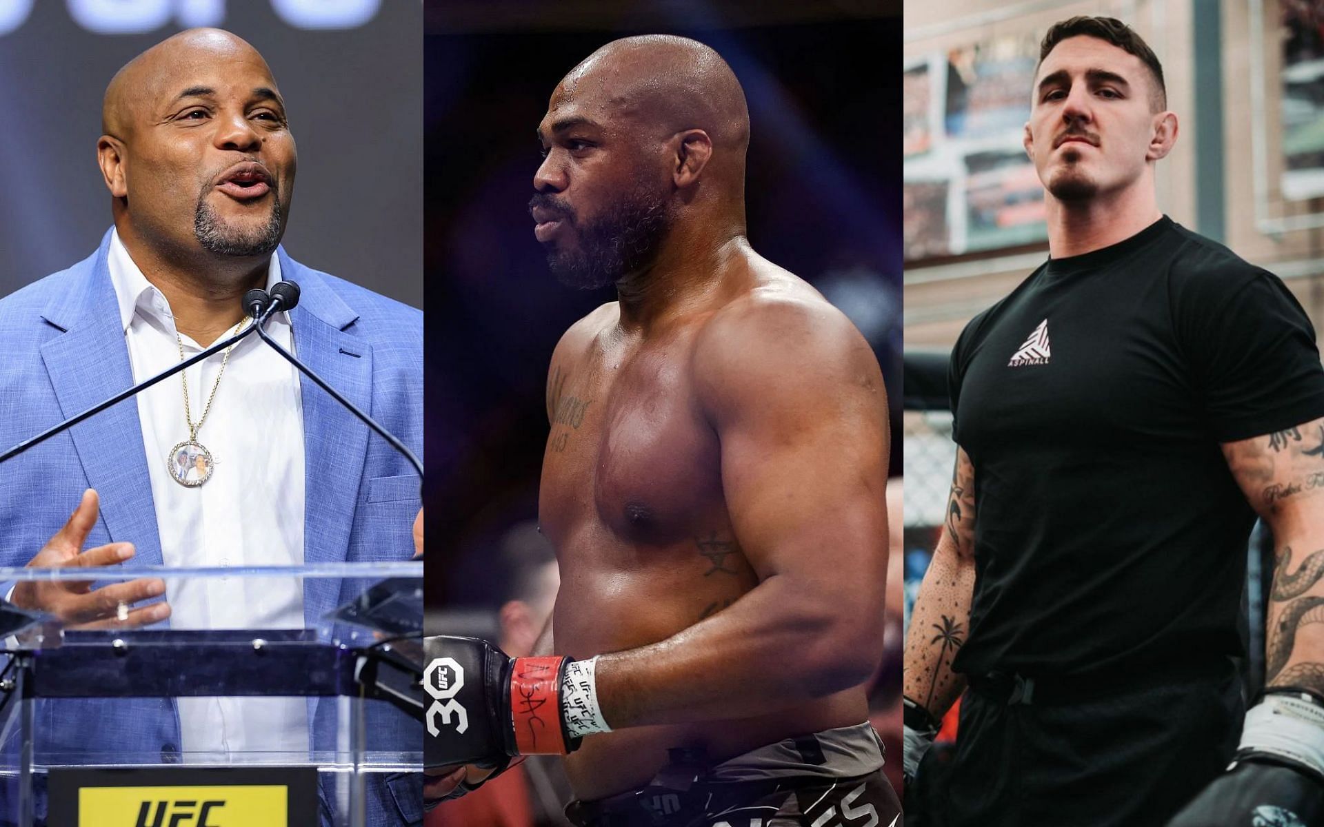 Daniel Cormier (left) believes Jon Jones (middle) may lose his &quot;GOAT&quot; status if he loses to Tom Aspinall (right) [Images Courtesy: @GettyImages, @tomaspinallofficial on Instagram]