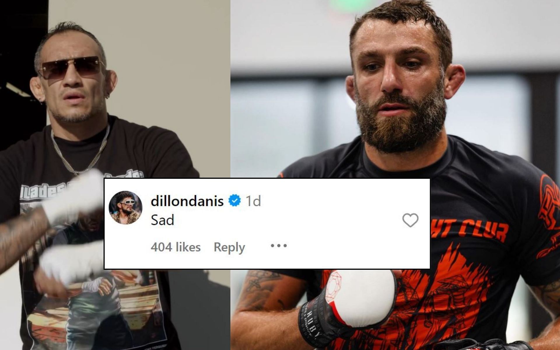 Dillon Danis (insert) reacted negatively to the booking of Tony Ferguson (left) vs  Michael Chiesa (right). [Image credit: Tony Ferguson, Michael Chiesa, and ESPN MMA