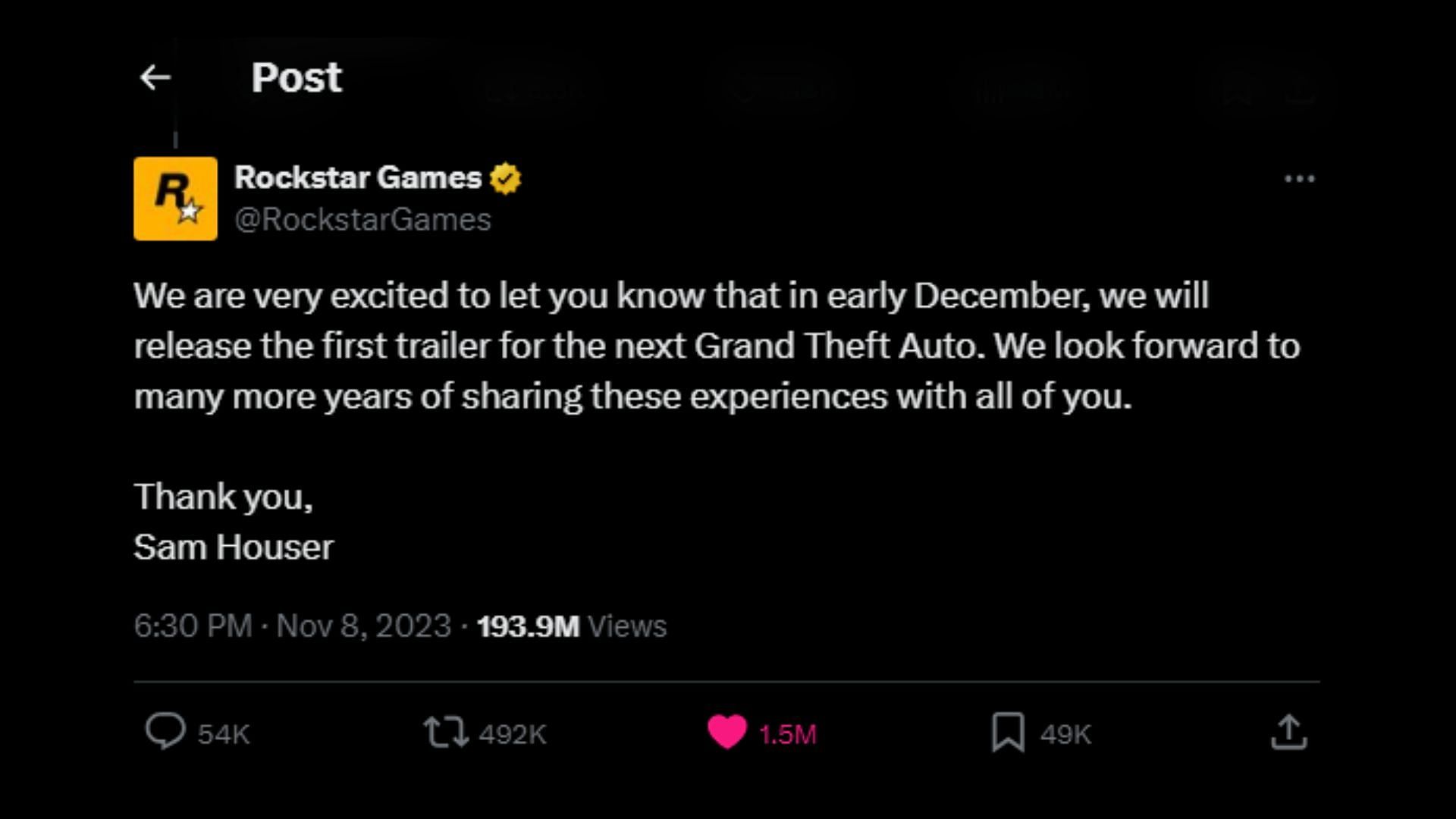 The official announcement tweet for the first GTA 6 trailer (Image via Rockstar Games)