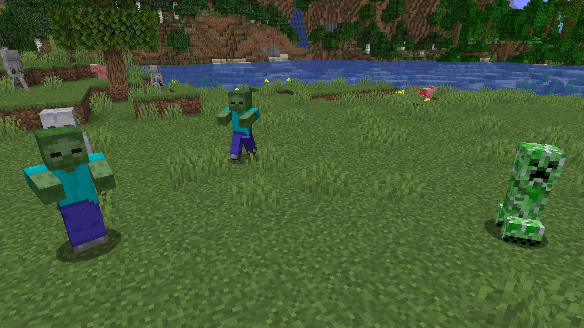 A field of mobs at night as seen with the night vision effect (Image via Mojang)