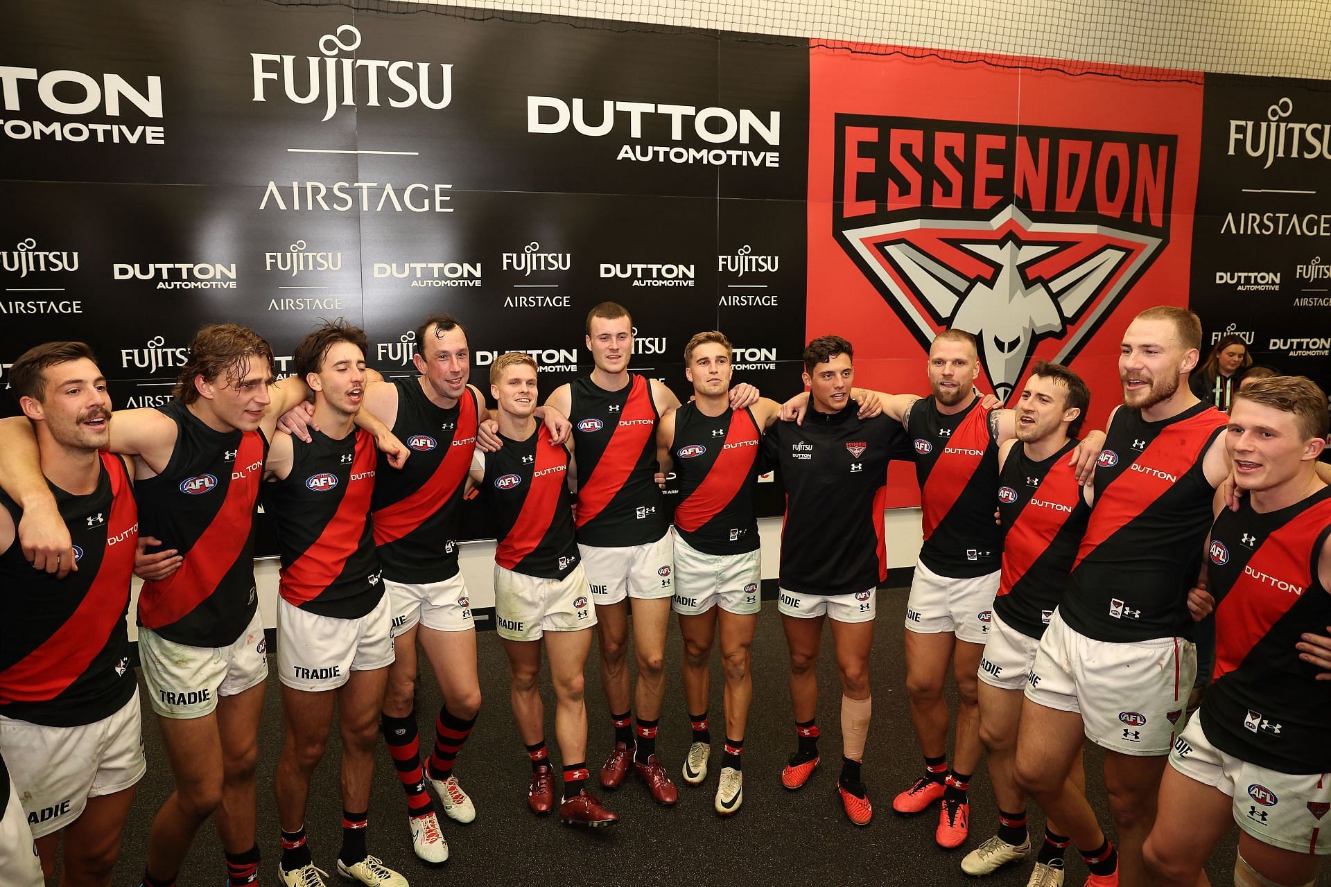 The Bombers sing the club song after winning the round eight AFL match between West Coast Eagles and Essendon Bombers