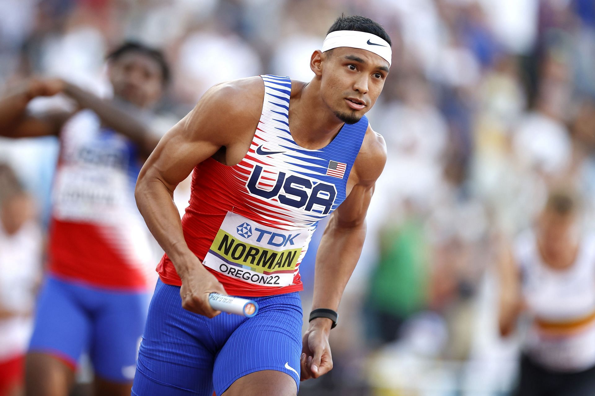 Michael Norman competes in the Men&#039;s 4x400m Relay Final at the World Athletics Championships in Eugene.