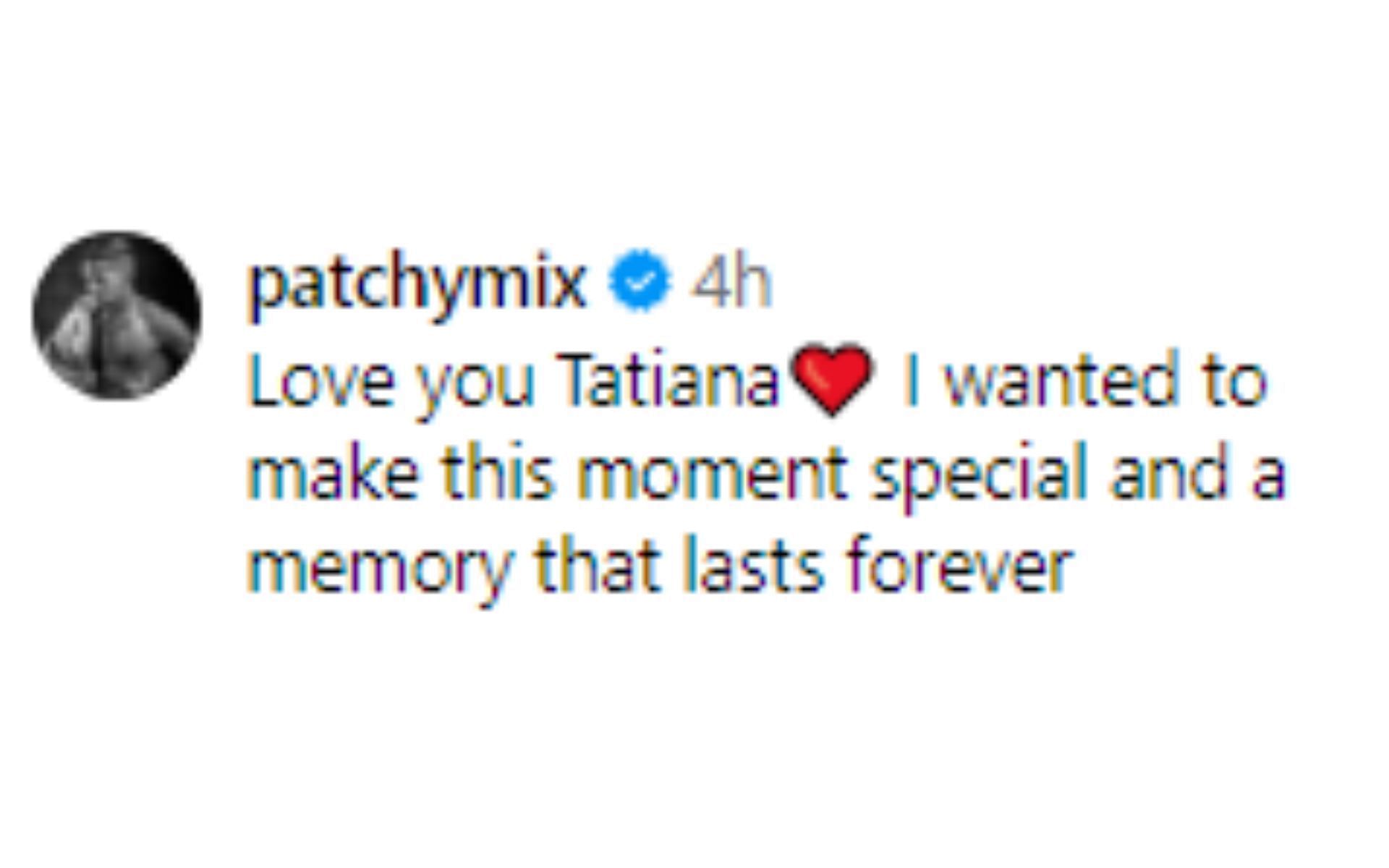 Mix's comment regarding his proposal to Tatiana Suarez [Image courtesy: @tatianasuarezufc - Instagram]