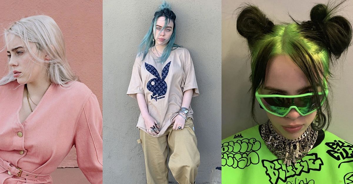 Billie Eilish in silver (1st), teal (2nd) and black hair with neon roots (3rd) (Image via Instagram/@billieeilish)